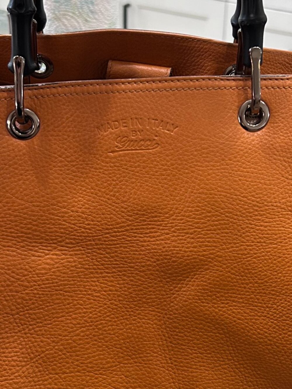 Tan Orange Pebbled Gucci Handbag with Bamboo Handles & Shoulder Strap – Preowned - Picture 5 of 16